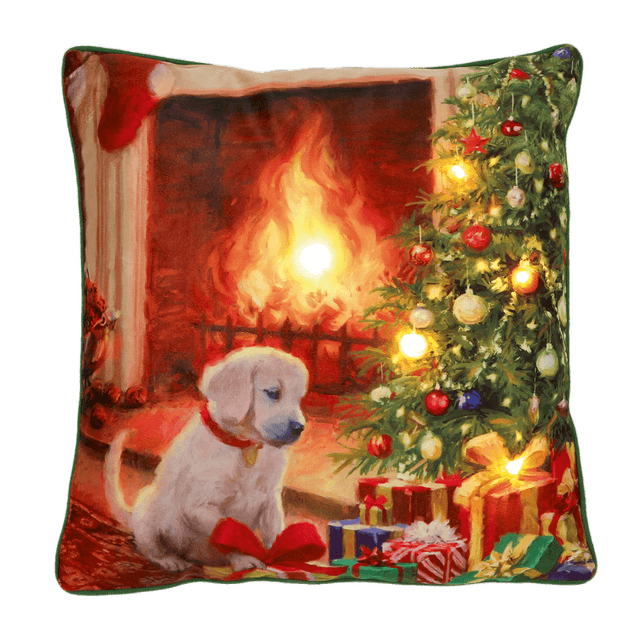 Battery Operated Lit Cushion Puppy Looking at Tree 45 x 45cm - CUSHIONS/COVERS - Beattys of Loughrea