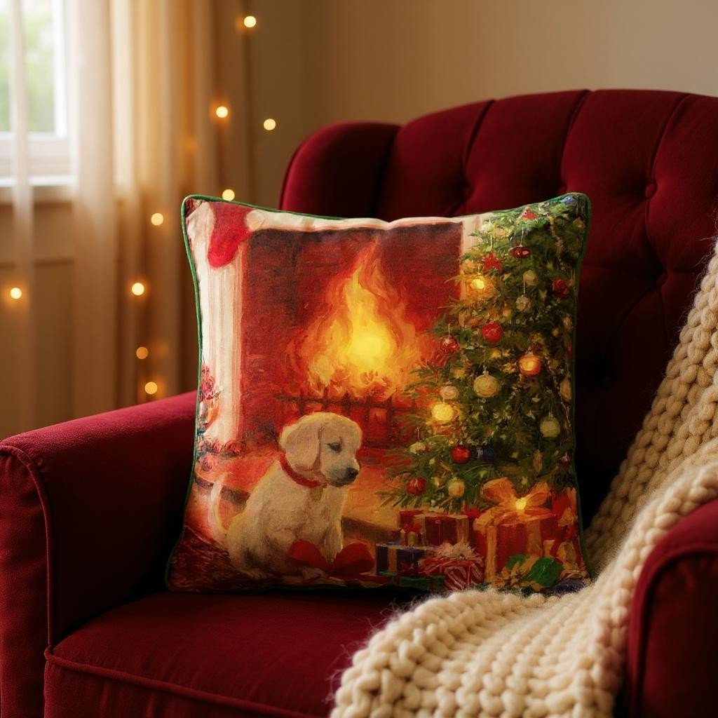 Battery Operated Lit Cushion Puppy Looking at Tree 45 x 45cm - CUSHIONS/COVERS - Beattys of Loughrea