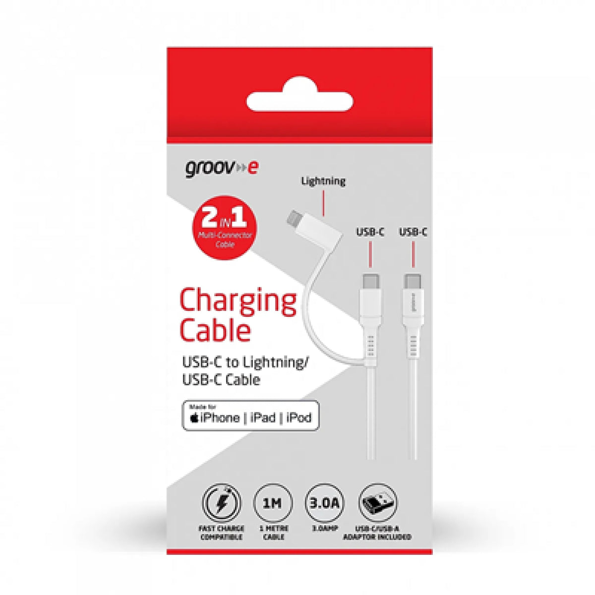 Groov-e 2-in-1 USB-C to Lightning & USB-C Cable 1m - White - HEADPHONES / EARPHONES/ MICROPHONE - Beattys of Loughrea