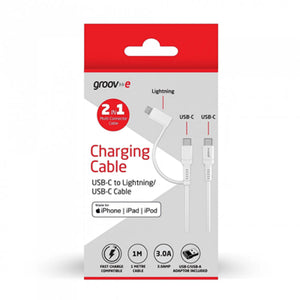 Groov-e 2-in-1 USB-C to Lightning & USB-C Cable 1m - White - HEADPHONES / EARPHONES/ MICROPHONE - Beattys of Loughrea