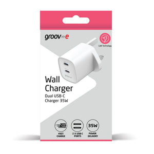 Groov-e 35W Dual USB-C GaN Mains Charger - White - HEADPHONES / EARPHONES/ MICROPHONE - Beattys of Loughrea