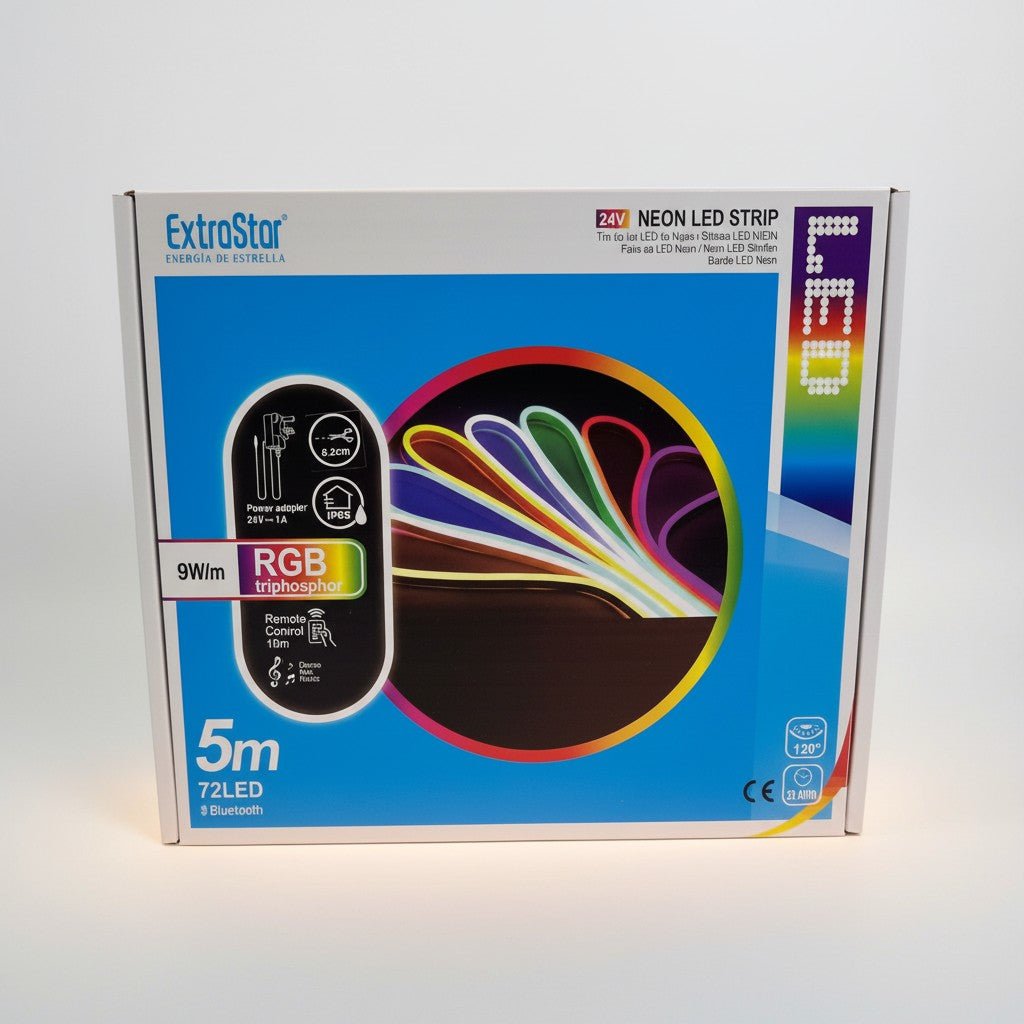ExtraStar RGB Triphosphor Light Neon LED Strip 5m Cable with Power Adapter and Remote Control - LED STRING DECO LIGHTS (NOT XMAS) - Beattys of Loughrea
