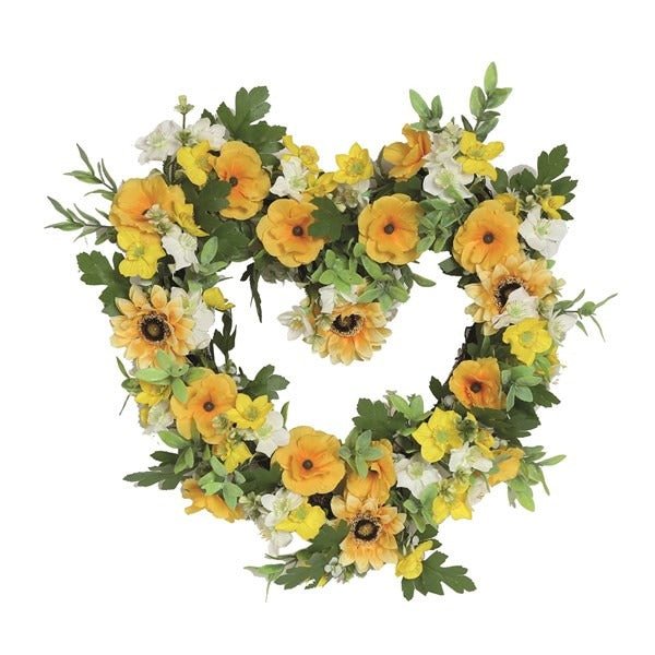 Heart Floral Wreath Yellow and White Orchid, Sunflower & Narcissus 45cm - FLOWERS - PAPER/PLASTIC - Beattys of Loughrea