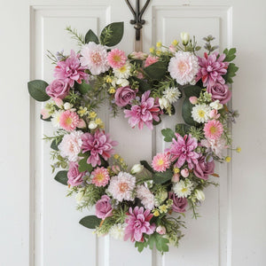 Heart Floral Wreath Pink Rose, Sunflower and Dahlia 45cm - FLOWERS - PAPER/PLASTIC - Beattys of Loughrea