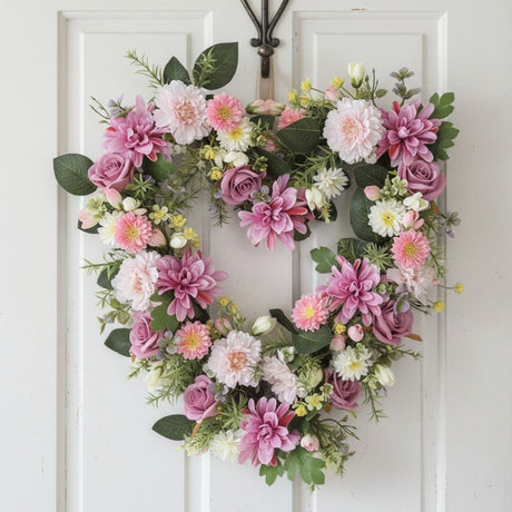 Heart Floral Wreath Pink Rose, Sunflower and Dahlia 45cm - FLOWERS - PAPER/PLASTIC - Beattys of Loughrea