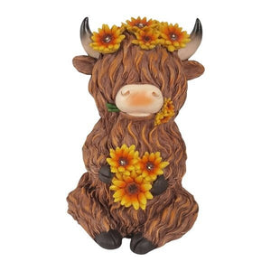 Solar Highland Cow Decor 25cm with Flower Crown - GARDEN ORNAMENTS INCL SOLAR - Beattys of Loughrea