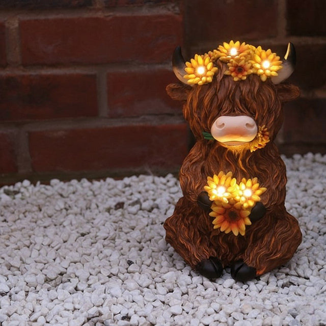 Solar Highland Cow Decor 25cm with Flower Crown - GARDEN ORNAMENTS INCL SOLAR - Beattys of Loughrea
