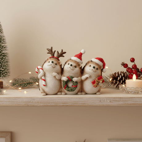 Trio Christmas Hedgehogs 7x11cm - XMAS ROOM DECORATION LARGE AND LIGHT UP - Beattys of Loughrea