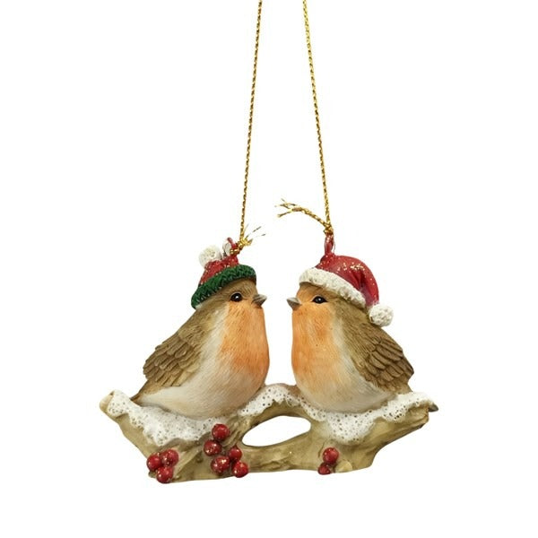 Rotkehlchen-Paar Ast-Hängedekoration 6cm