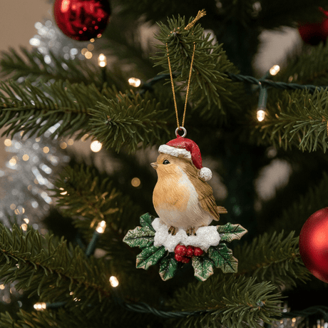Robin Holly Hanging Decoration 7cm - XMAS BAUBLES - Beattys of Loughrea