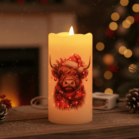LED Highland Cow Candle 7.5cm x 15cm - XMAS CANDLES - Beattys of Loughrea