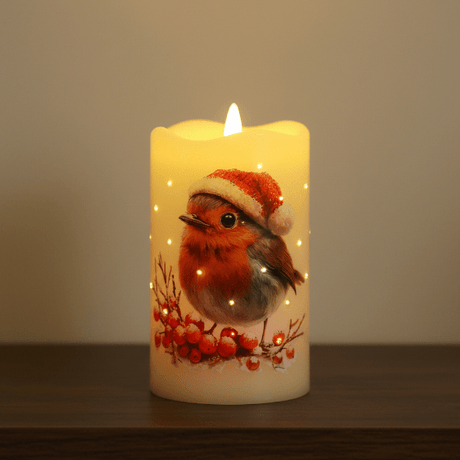 LED Robin Candle 7.5cm x 12.5cm - XMAS CANDLES - Beattys of Loughrea