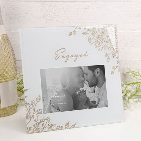 Engaged Pale Grey Glass Gold Floral Frame 6" x 4" - PHOTO FRAMES - PLATED, GILT, STONE - Beattys of Loughrea