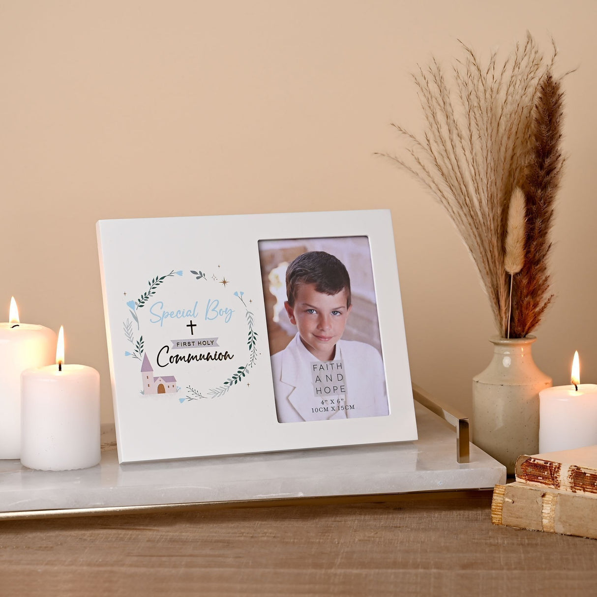 Faith & Hope Wreath Frame 4" x 6" – First Communion Boy - PHOTO FRAMES - PLATED, GILT, STONE - Beattys of Loughrea