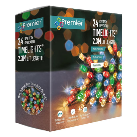 Premier 24 Battery Operated Multi-Action TimeLights – Multi-Coloured - XMAS LIGHTS LED - Beattys of Loughrea