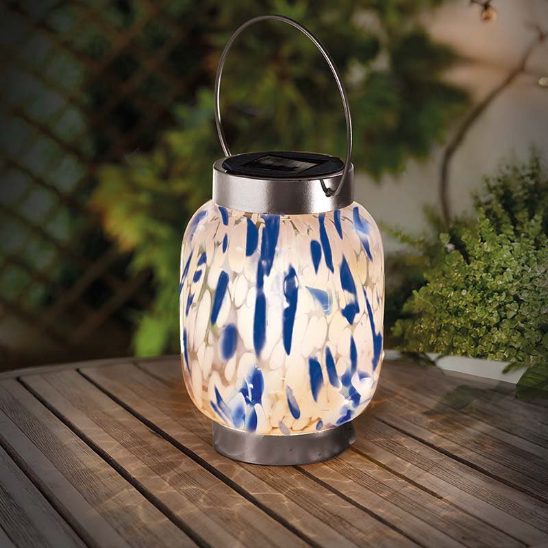 Blue & White GlassArt Solar Lantern - GARDEN ORNAMENTS INCL SOLAR - Beattys of Loughrea