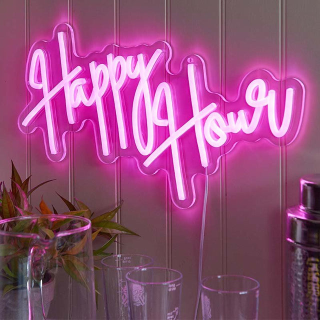 Happy Hour Neon Sign – USB LED Wall Light (40cm) - GARDEN ORNAMENTS INCL SOLAR - Beattys of Loughrea