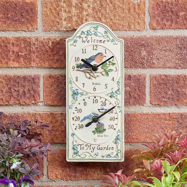 Birdberry Wall Clock & Thermometer - GARDEN ORNAMENTS INCL SOLAR - Beattys of Loughrea