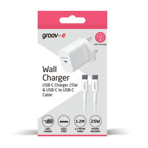 Groov-e USB-C 25W GaN Wall Charger with USB-C Cable, White (GVMA112WE)