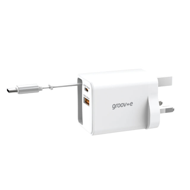 Groov-e USB-C & USB-A 45W GaN Wall Charger with USB-C Cable, White (GVMA114WE)