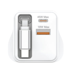 Groov-e USB-C & USB-A 45W GaN Wall Charger with USB-C Cable, White (GVMA114WE)