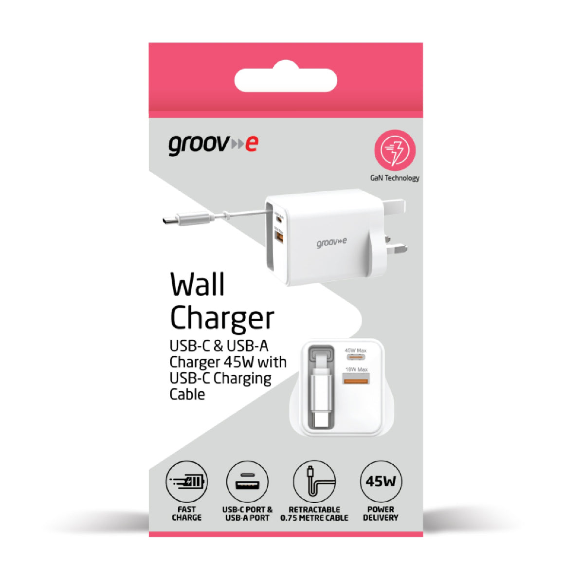 Groov-e USB-C & USB-A 45W GaN Wall Charger with USB-C Cable, White (GVMA114WE)