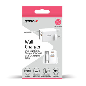 Groov-e USB-C & USB-A 45W GaN Wall Charger with USB-C Cable, White (GVMA114WE)