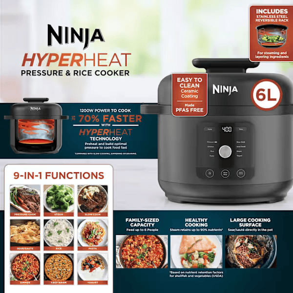 Ninja HyperHeat Pressure & Rice Cooker – 6L 9 - in - 1 PC201UK - FOOD STEAMER RICE COOKER SLOW COOKER - Beattys of Loughrea