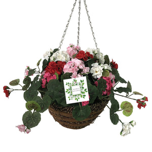 Nearly Natural Geranium Hanging Basket 30cm - HANGING BASKET, LINER, BRACKET - Beattys of Loughrea