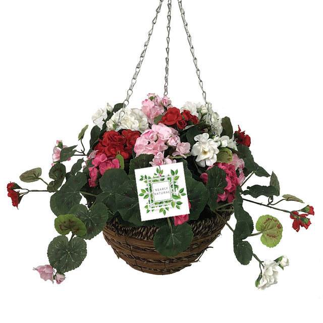 Nearly Natural Geranium Hanging Basket 30cm - HANGING BASKET, LINER, BRACKET - Beattys of Loughrea