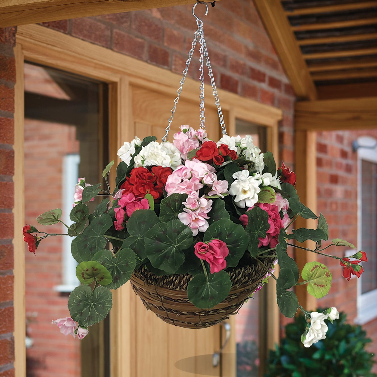 Nearly Natural Geranium Hanging Basket 30cm - HANGING BASKET, LINER, BRACKET - Beattys of Loughrea