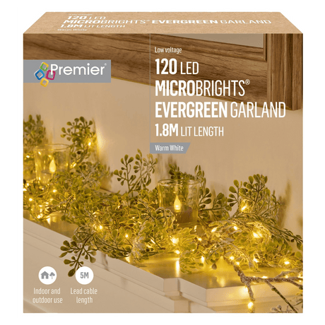 Premier 1.8m Evergreen Garland with 120 Warm White MicroBright LEDs - XMAS WREATHS - Beattys of Loughrea
