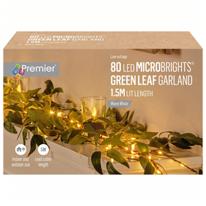 Premier 1.5m Lit Green Leaf Garland with 80 Warm White MicroBright LEDs
