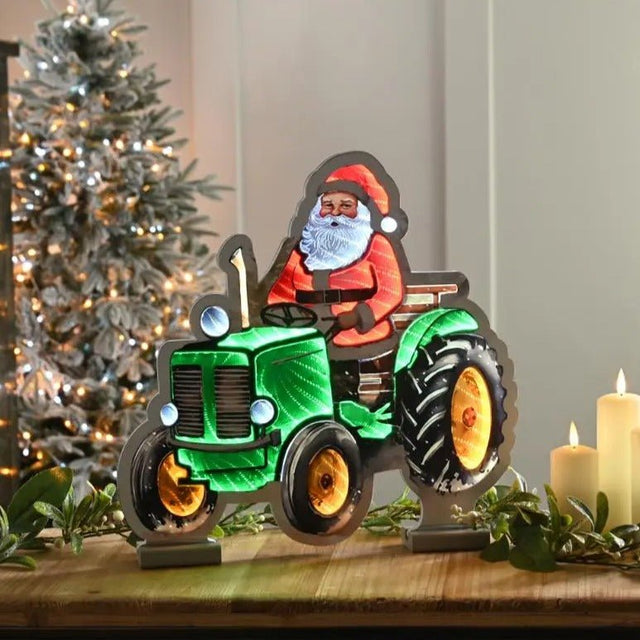 Festive Santa on a Tractor Infinity Light 40cm - XMAS ROOM DECORATION - LIGHT UP - Beattys of Loughrea