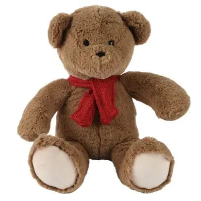 Sitting Teddy Bear with Red Knitted Scarf 30cm - XMAS SOFT DECOS - Beattys of Loughrea