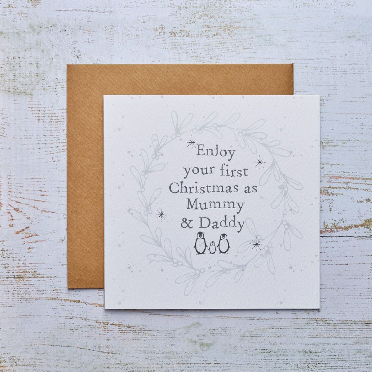 R13 1ST XMAS MUMMY & DADDY CARD WITH PENGUINS & GREY MISTLETOE 4XS0062