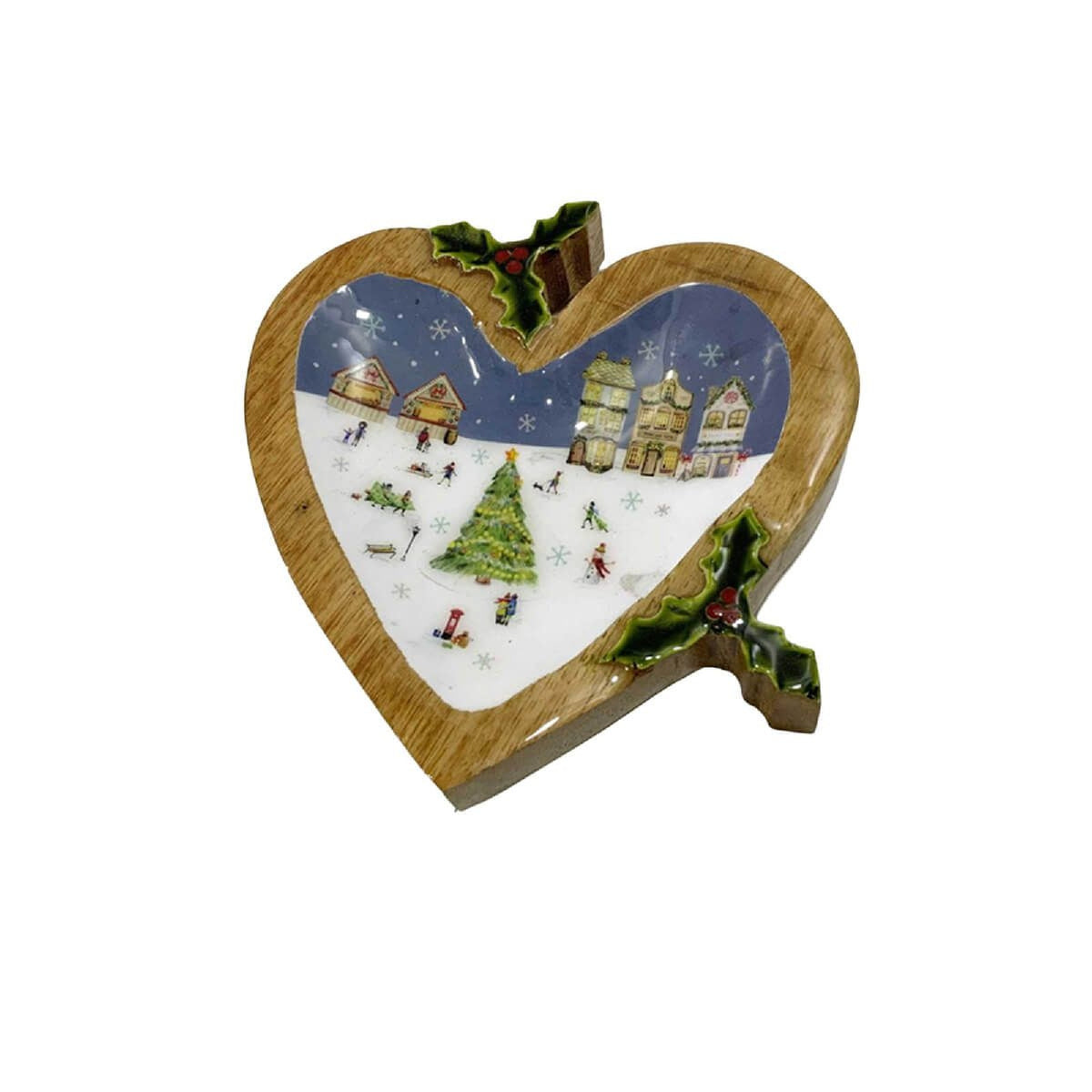 R13 CHRISTMAS MARKET SCENE HEART SHAPED MANGO DISH WITH HOLLY 8CX100