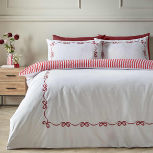 Bow Embroidery White / Red Duvet Cover Set - King