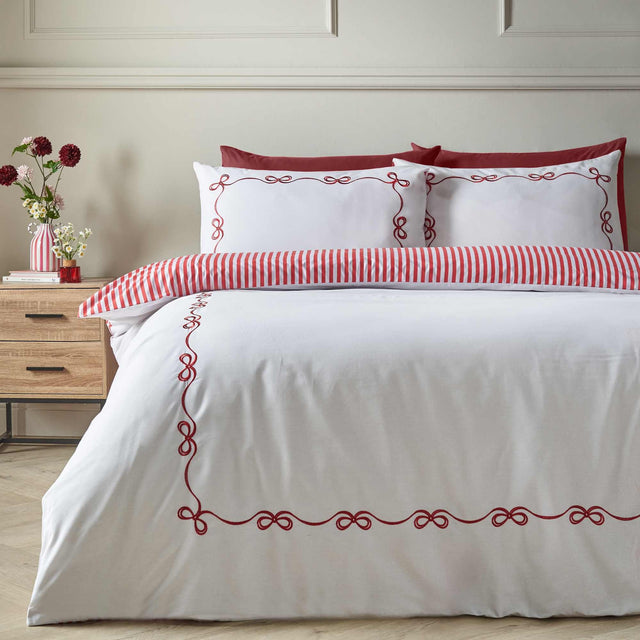 Bow Embroidery White / Red Duvet Cover Set - King