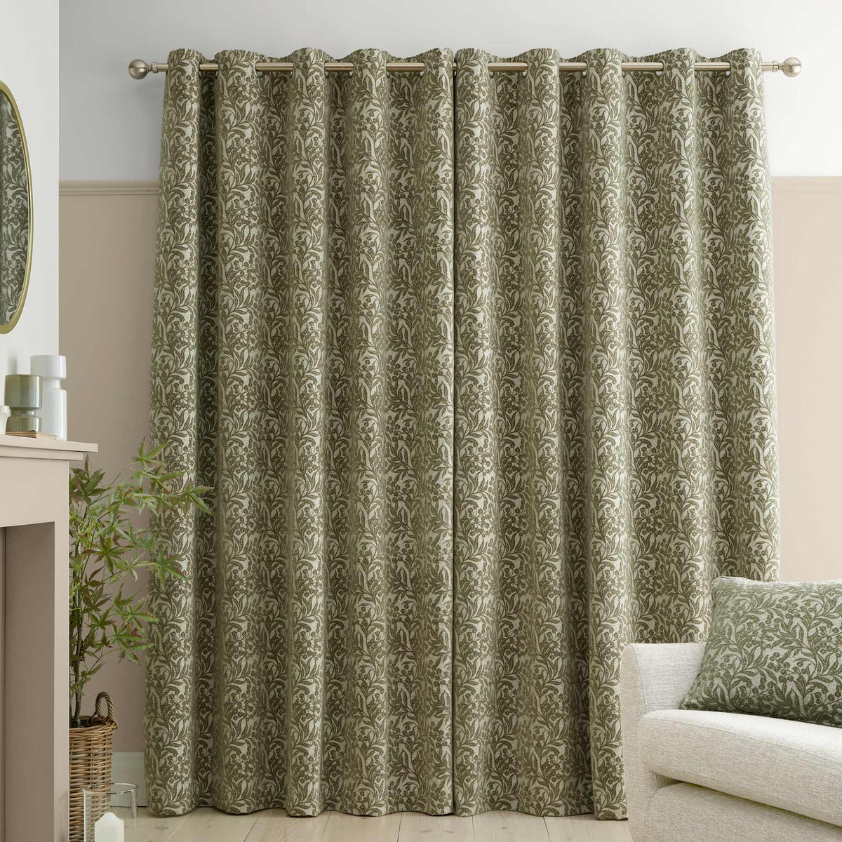 Chenille Leaves Green Eyelet Curtains - 66" x 72"