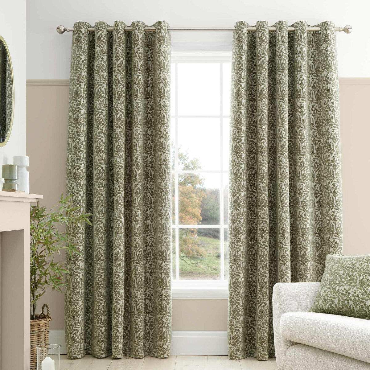 Chenille Leaves Green Eyelet Curtains - 90" x 90"