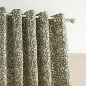 Chenille Leaves Green Eyelet Curtains - 90" x 90"