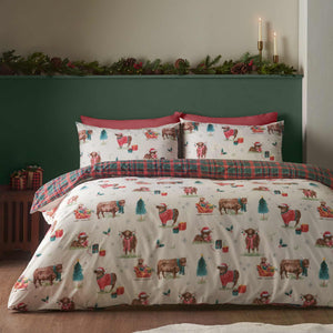 Christmas Highland Cow Natural Duvet Cover Set - Double