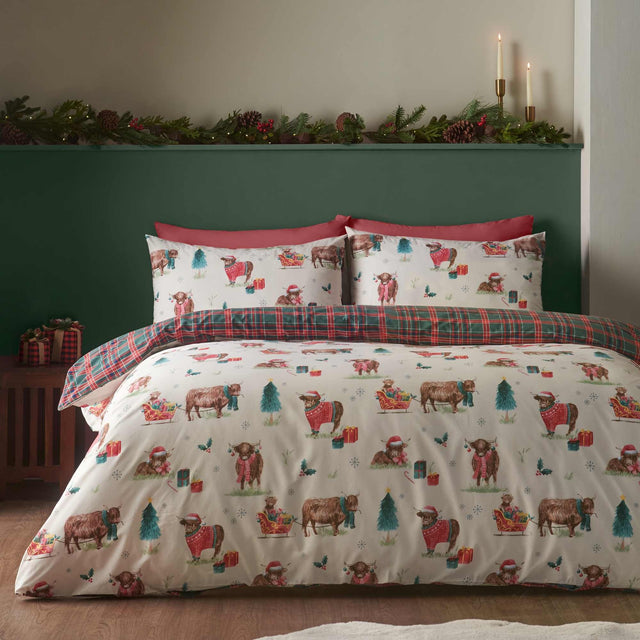 Christmas Highland Cow Natural Duvet Cover Set - Double