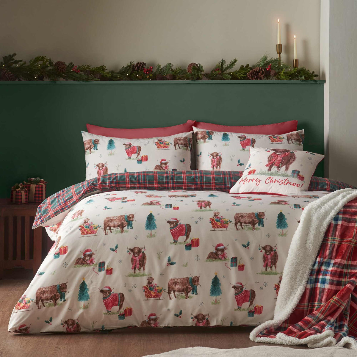 Christmas Highland Cow Natural Duvet Cover Set - Double