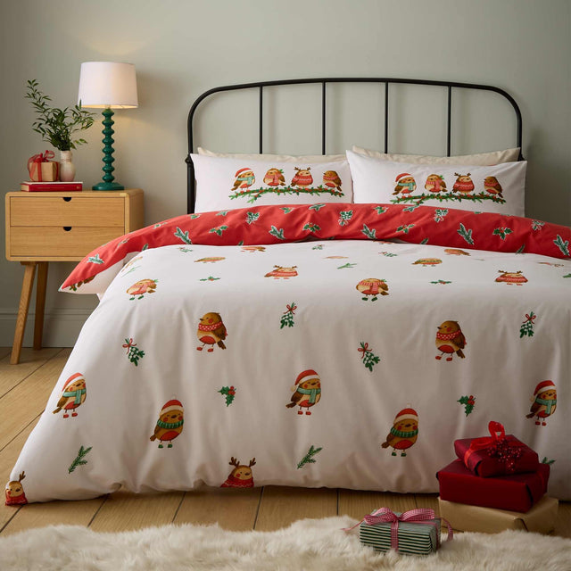 Christmas Robins Red Duvet Cover Set - Double