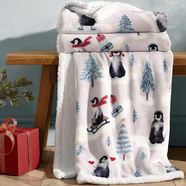 Christmas Sherpa Penguins Natural Throw
