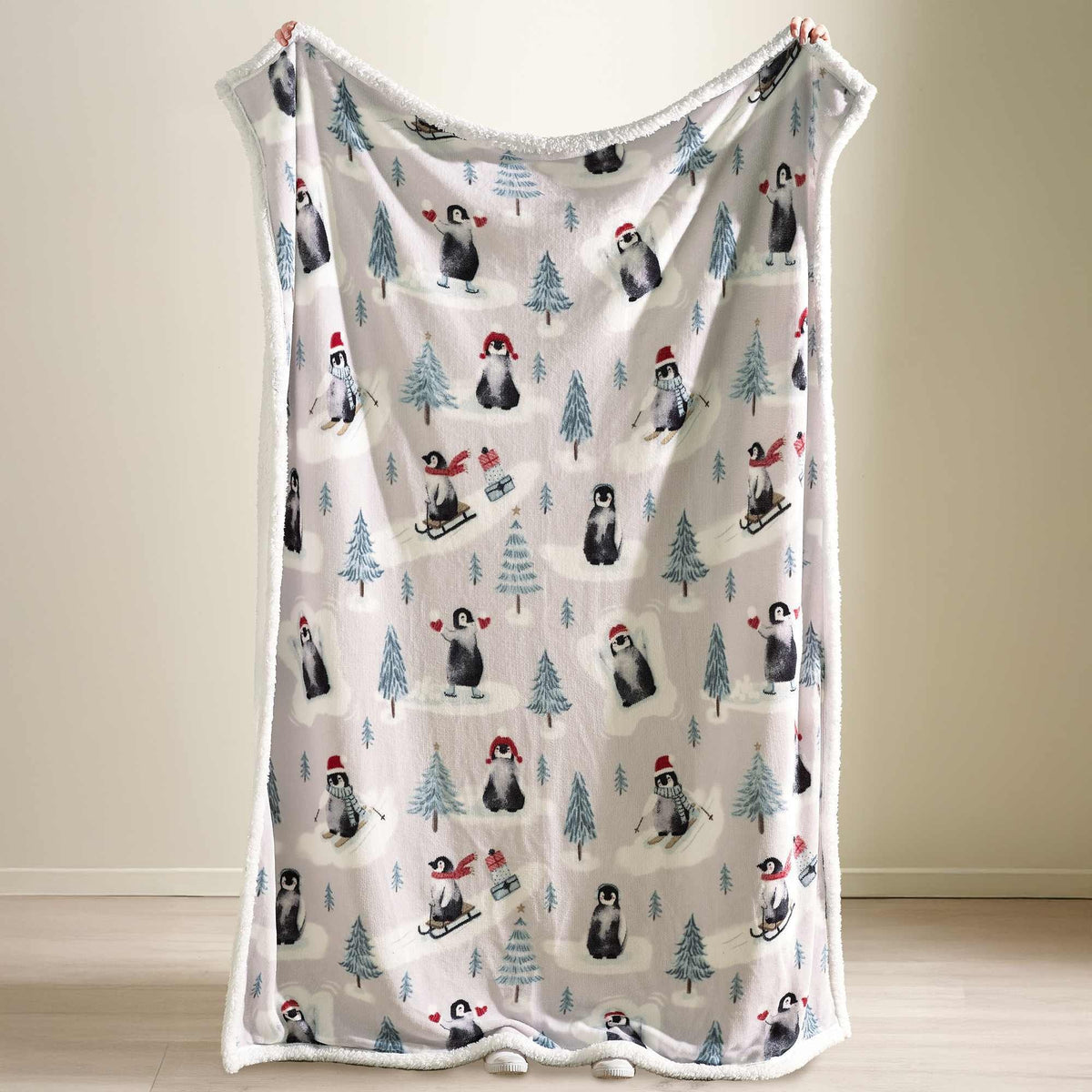 Christmas Sherpa Penguins Natural Throw