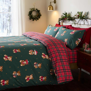 Christmas Tartan Teddy Bear Green Duvet Cover Set - Single