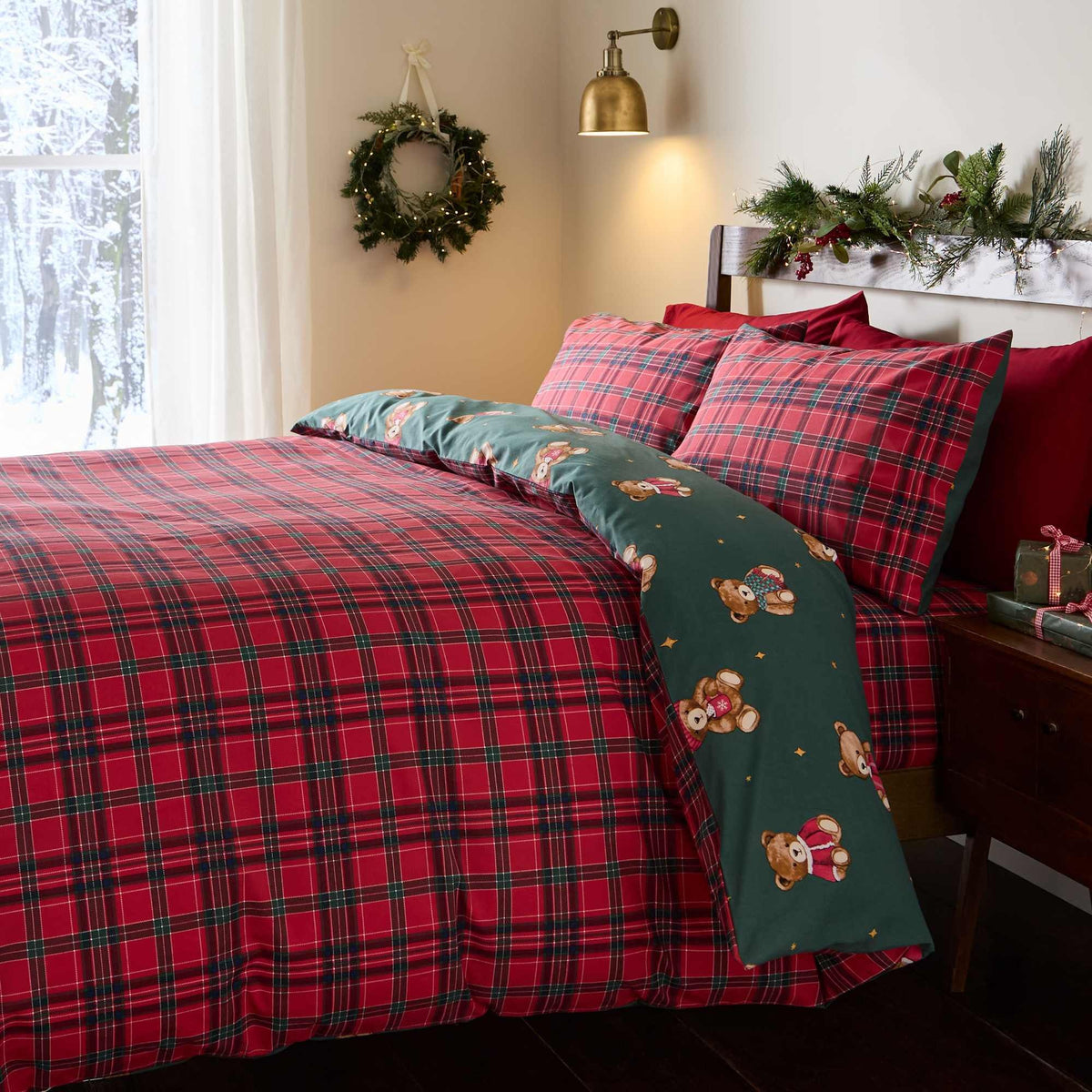 Christmas Tartan Teddy Bear Green Duvet Cover Set - Single
